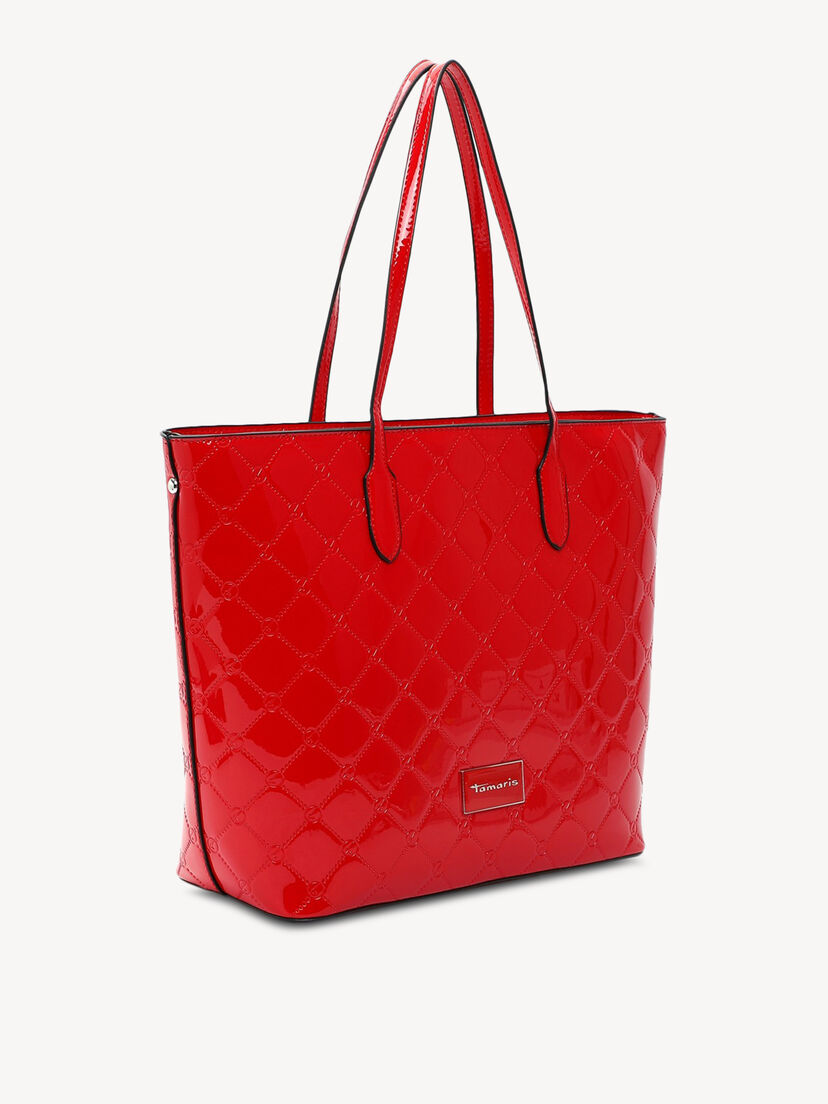 Zijaanzicht van rode glanzende Tamaris handtas met doorgestikt patroon