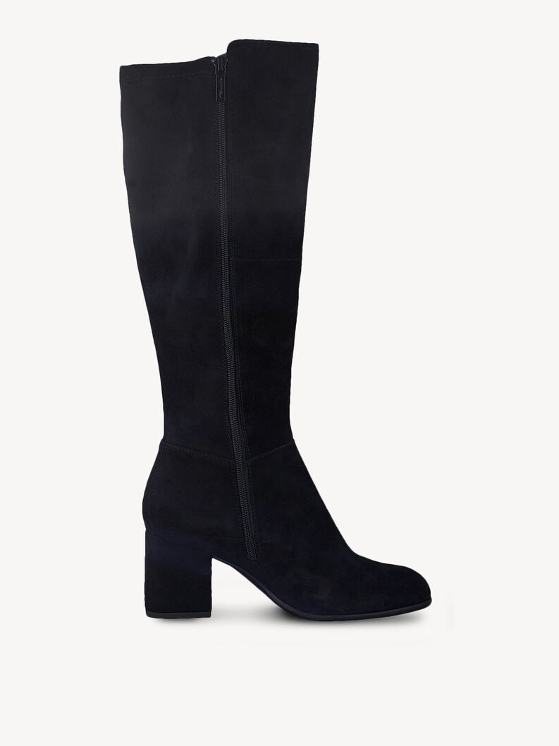 Black suede boots with side zipper and wide block heel