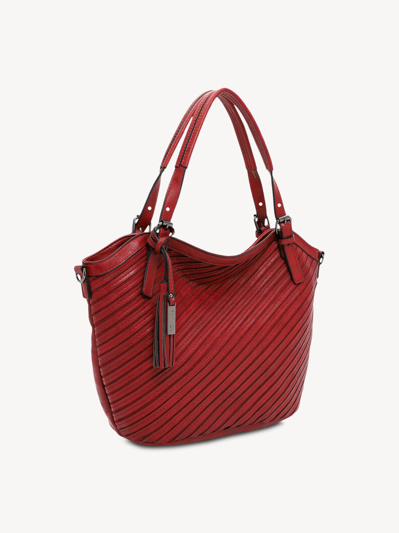 Side view of red leather handbag with diagonal stitch pattern