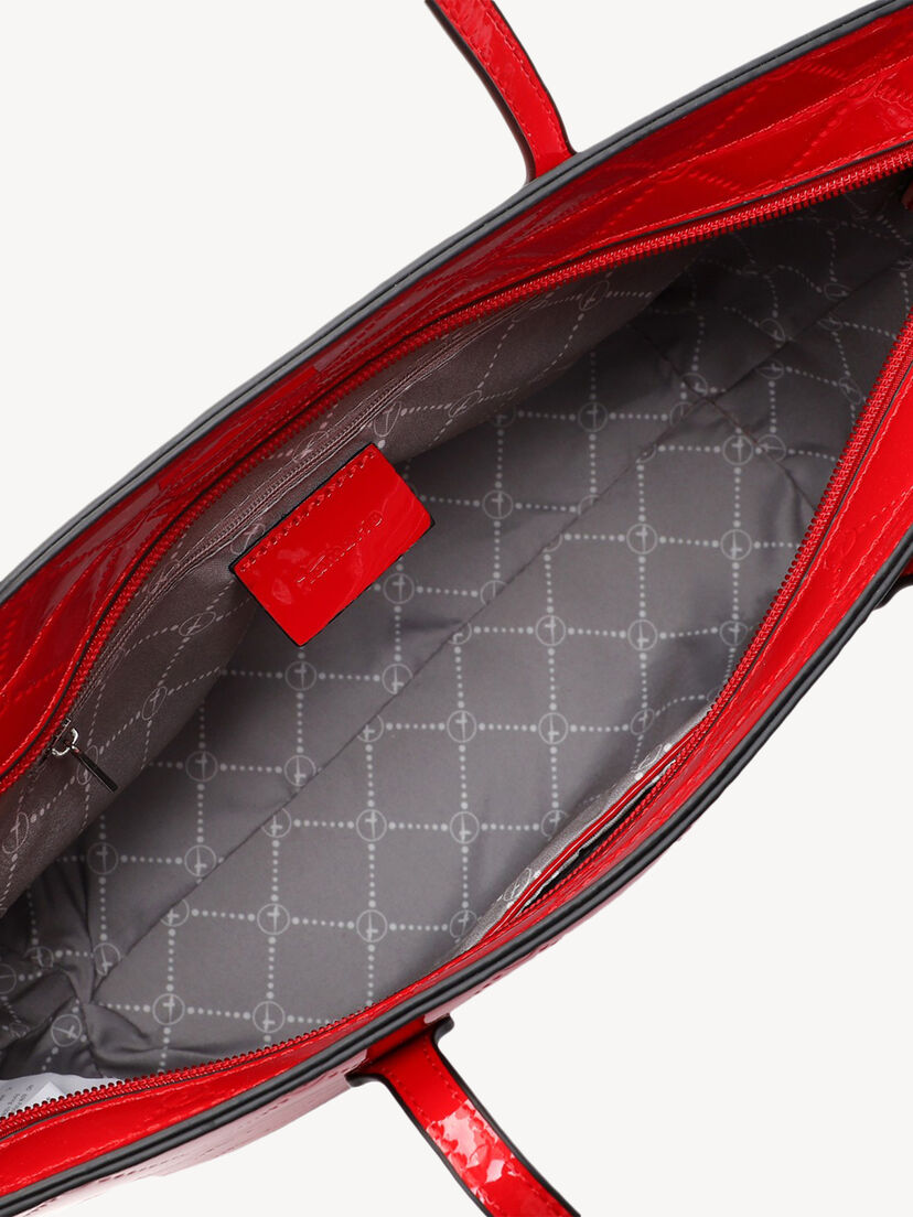 Binnenaanzicht van rode glanzende Tamaris handtas met grijze voering