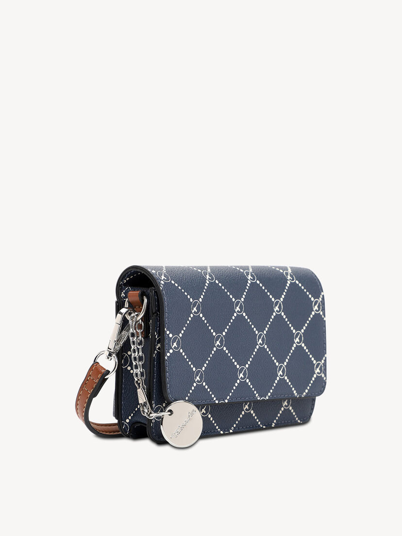 Blauwe leren crossbodytas met wit patroon en metalen bedel aan de zijkant