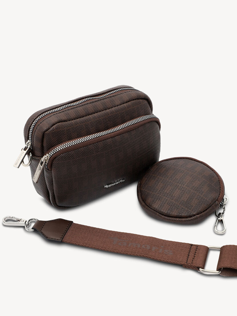 Bruine Tamaris tas met patroon en complete riem ernaast