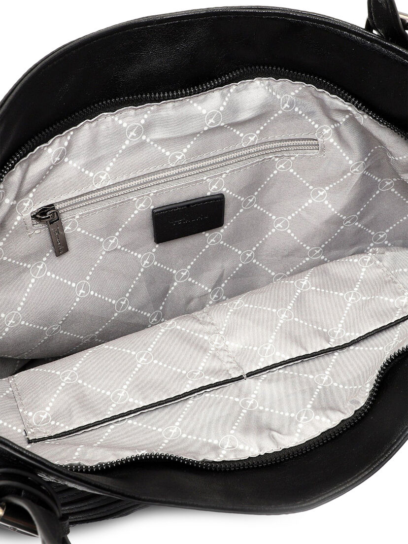 Binnenkant zwarte leren tas met ritsvakje en patroonvoering