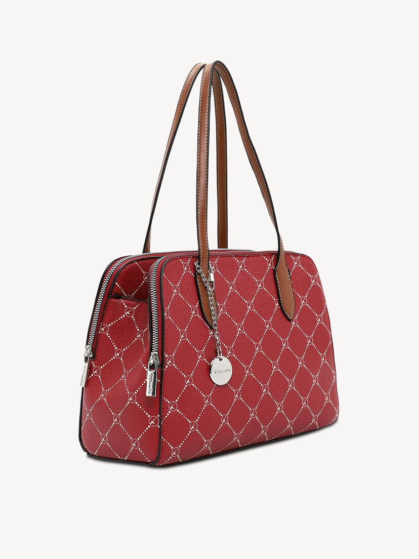 Elegante rode handtas met dubbele ritsen en bruine handvatten