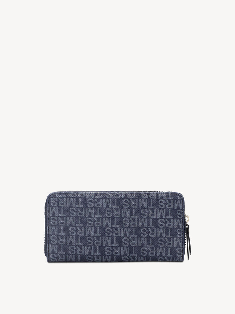 Back view of dark blue wallet with TMRS logo pattern