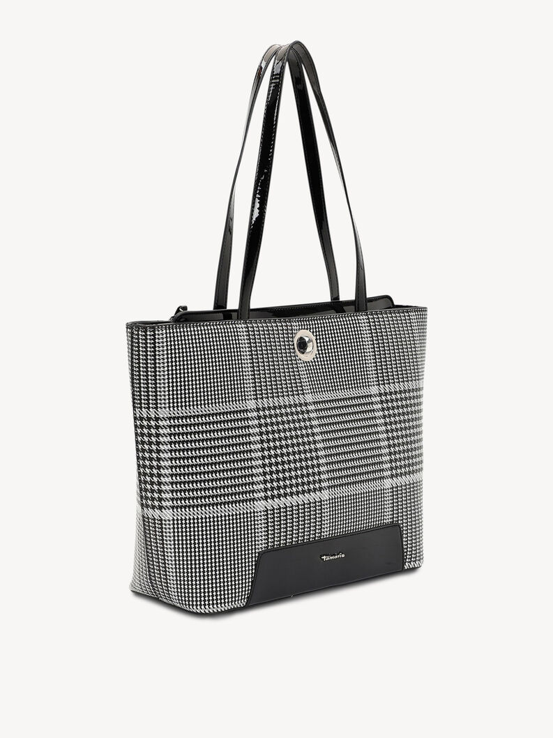 Zwart-witte ruit handtas met glanzende zwarte handvatten, zijaanzicht
