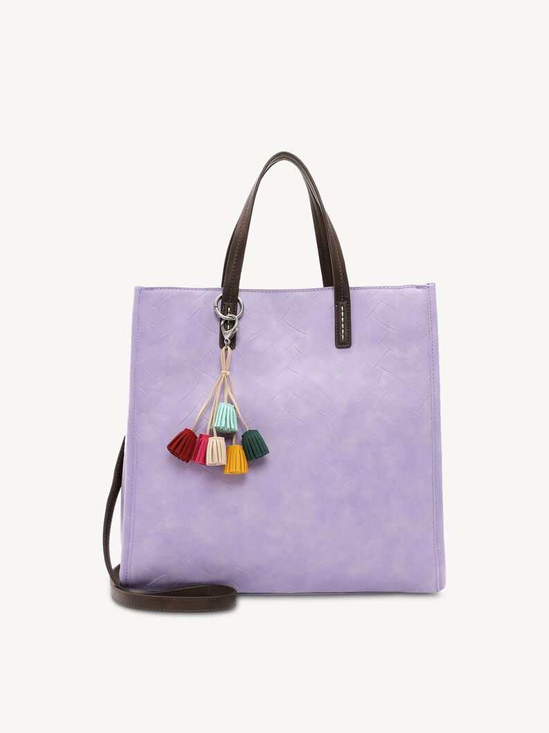 Fliederfarbene Tasche mit bunten Quasten und braunen Kunstledergriffen