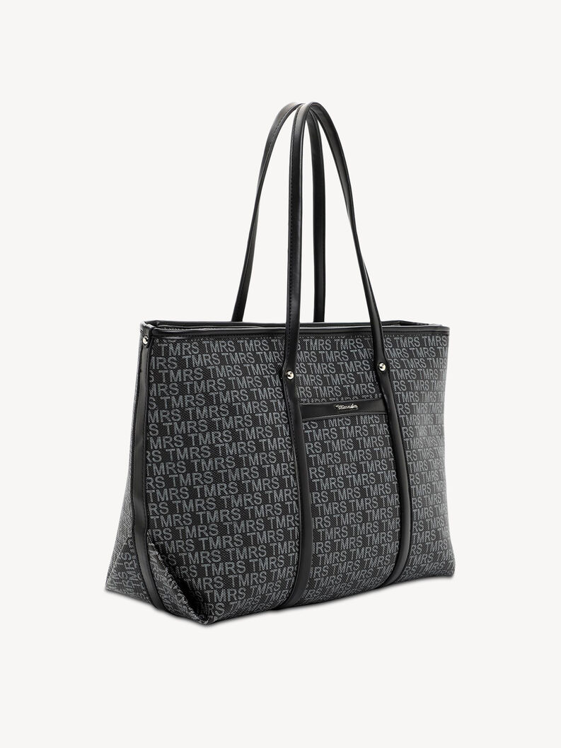 Winkelige schwarze Tasche mit grauem Muster und langen Henkeln