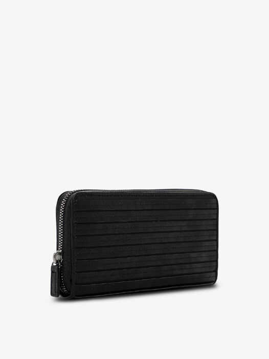 Zwarte portemonnee met ritssluiting van synthetisch leer met fijn streeppatroon