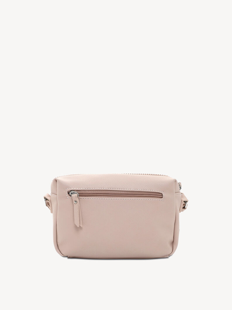 R&uuml;ckseite der rosa perforierten Leder-Crossbody-Tasche mit Rei&szlig;verschlusstasche