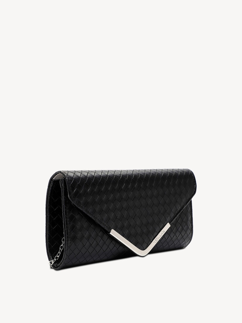 Zijaanzicht van zwarte dames clutch met geweven leerlook en metaaldetail
