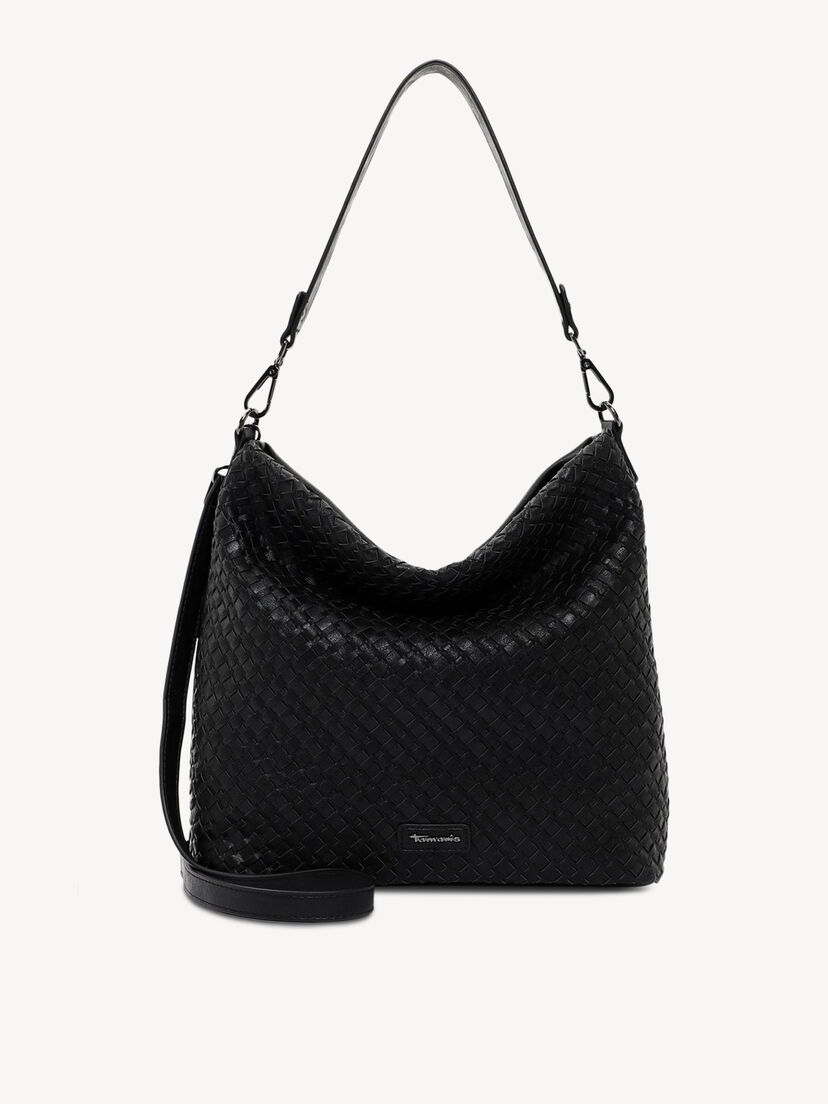 Zwarte dames handtas van kunstleer met gevlochten patroon en riem