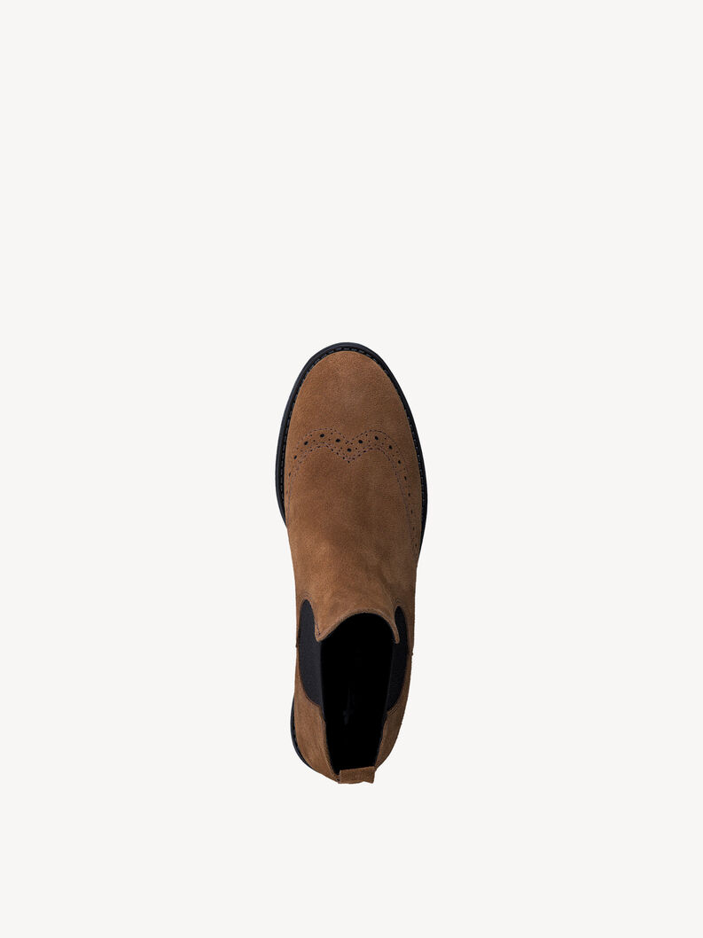Brown suede Chelsea boots top view with black elastic side inserts