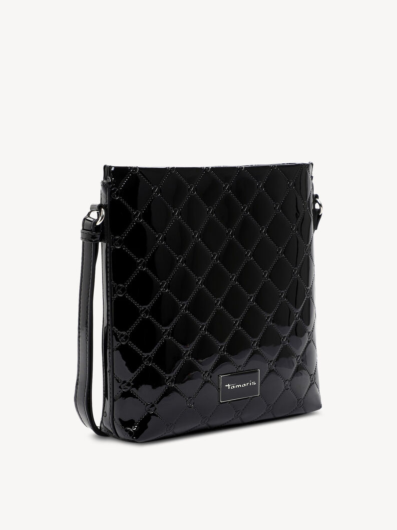 Seitenansicht einer schwarzen gl&auml;nzenden Crossbody-Tasche mit Steppmuster