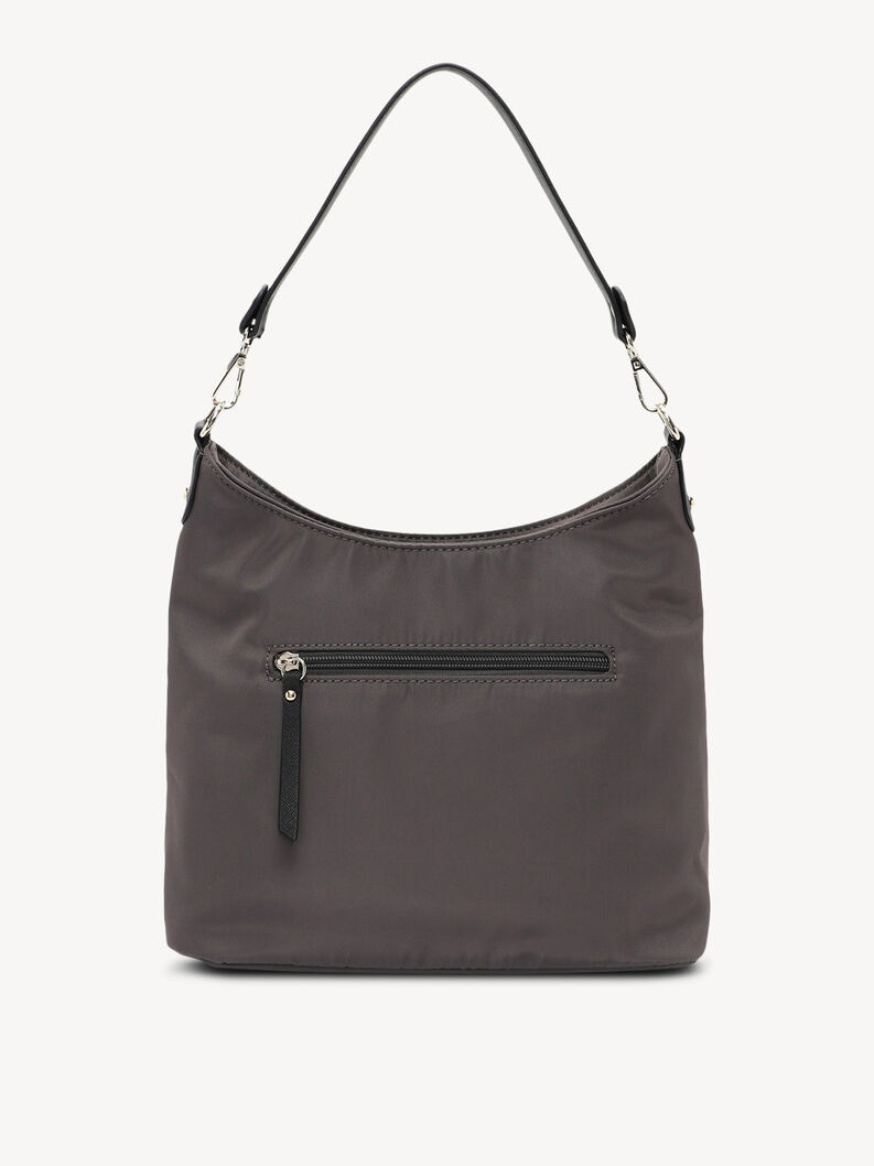 R&uuml;ckseite einer dunkelgrauen Nylon-Tasche mit schwarzem Rei&szlig;verschluss