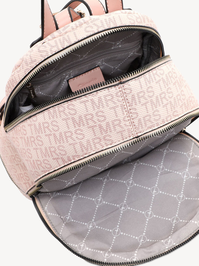 Detailansicht des Innenraums des rosa Rucksacks mit Rei&szlig;verschlusstaschen
