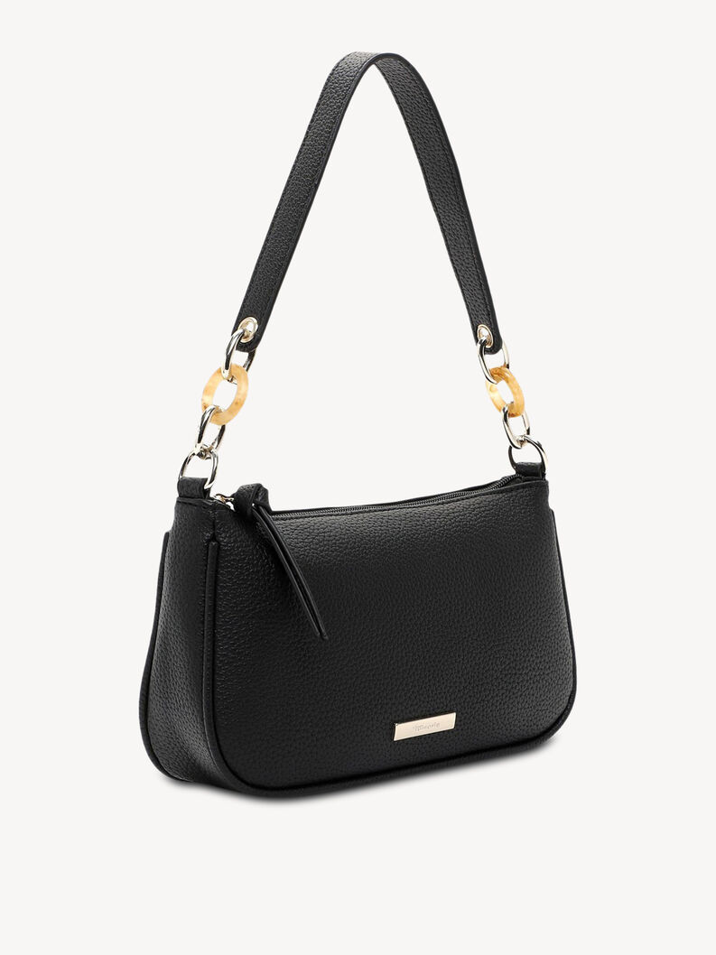 Black textured leather handbag with short strap and light brown rings