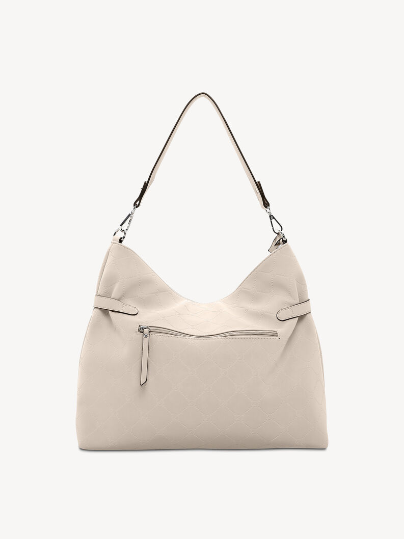 R&uuml;ckseite der beigen Tamaris Tasche mit Rei&szlig;verschlusstasche und Zierriemen