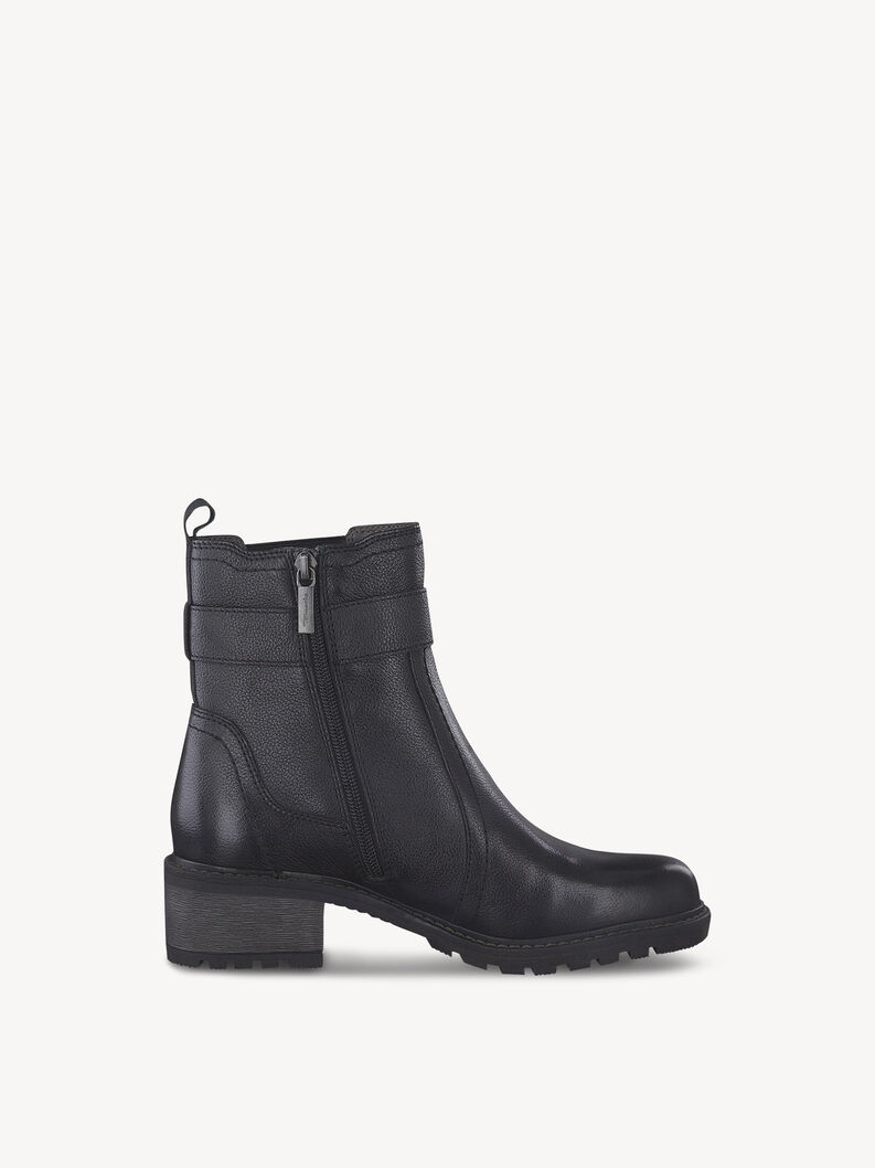Black leather ankle boot with side zipper and sturdy heel