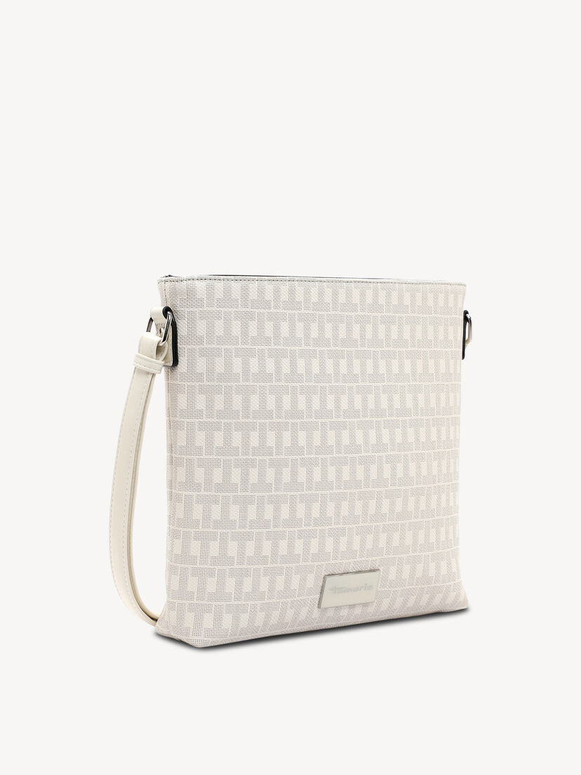 Zijaanzicht beige tas met verstelbare riem en geometrisch patroon