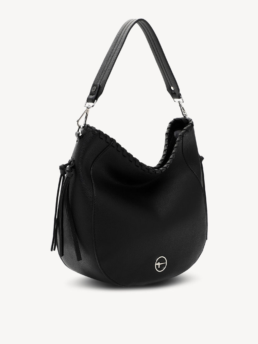 Zwarte leren handtas met gevlochten schouderriem en zilveren details