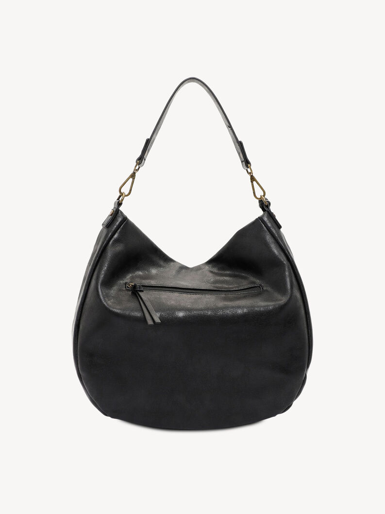 R&uuml;ckseite der schwarzen Leder-Hobo-Tasche mit Rei&szlig;verschlusstasche und glatter Oberfl&auml;che