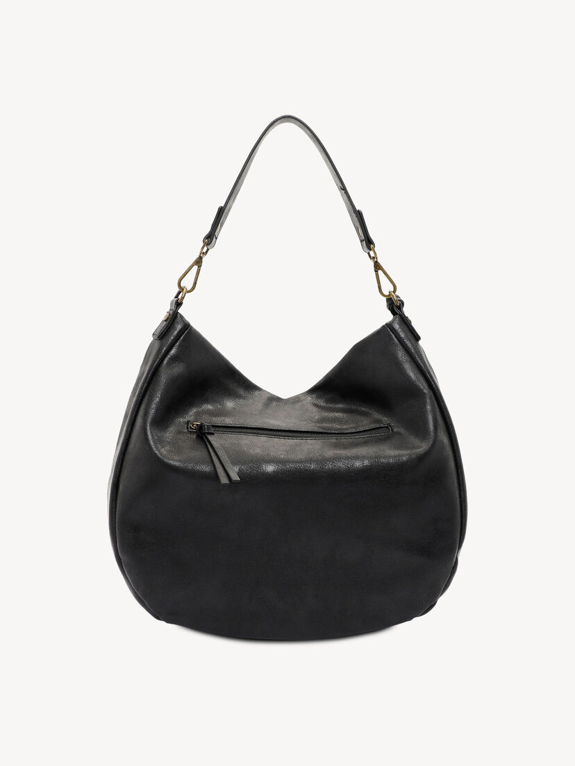 Achterzijde van zwarte leren hobo tas met ritstasje en gladde afwerking