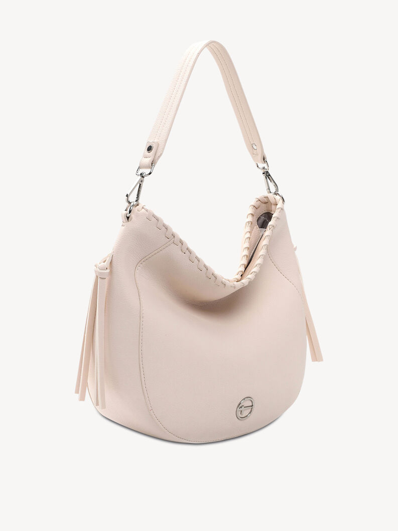 Seitenansicht einer hellbeigen Damen Ledertasche mit Quasten