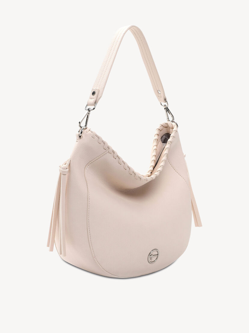 Zijaanzicht van lichtbeige leren damestas met kwastjes