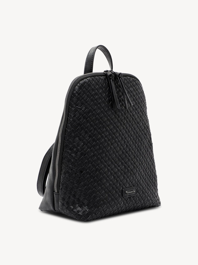 Zijaanzicht van zwarte leren rugzak met geweven ontwerp