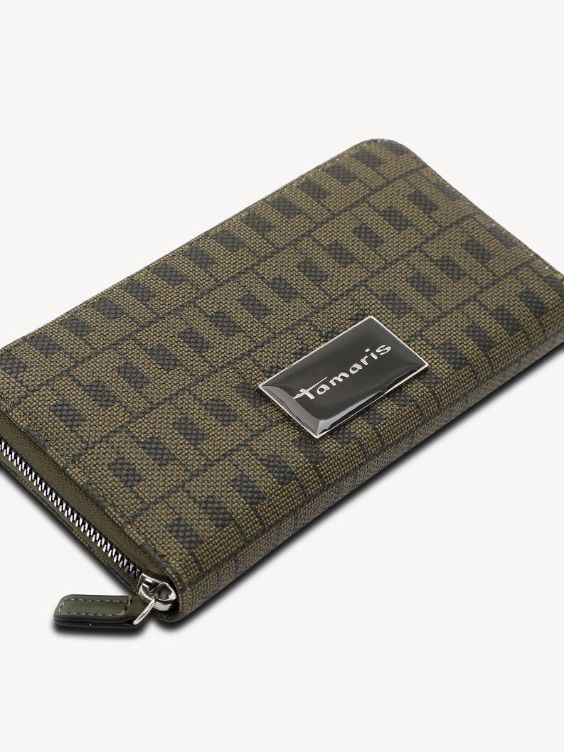 Close-up of metal Tamaris logo on green monogram patterned wallet