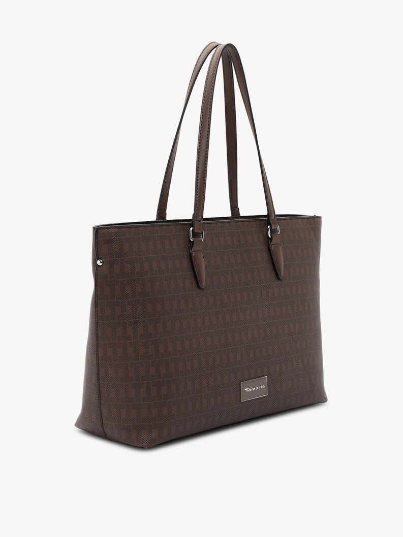 Side view of brown Tamaris bag with monogram and long handles
