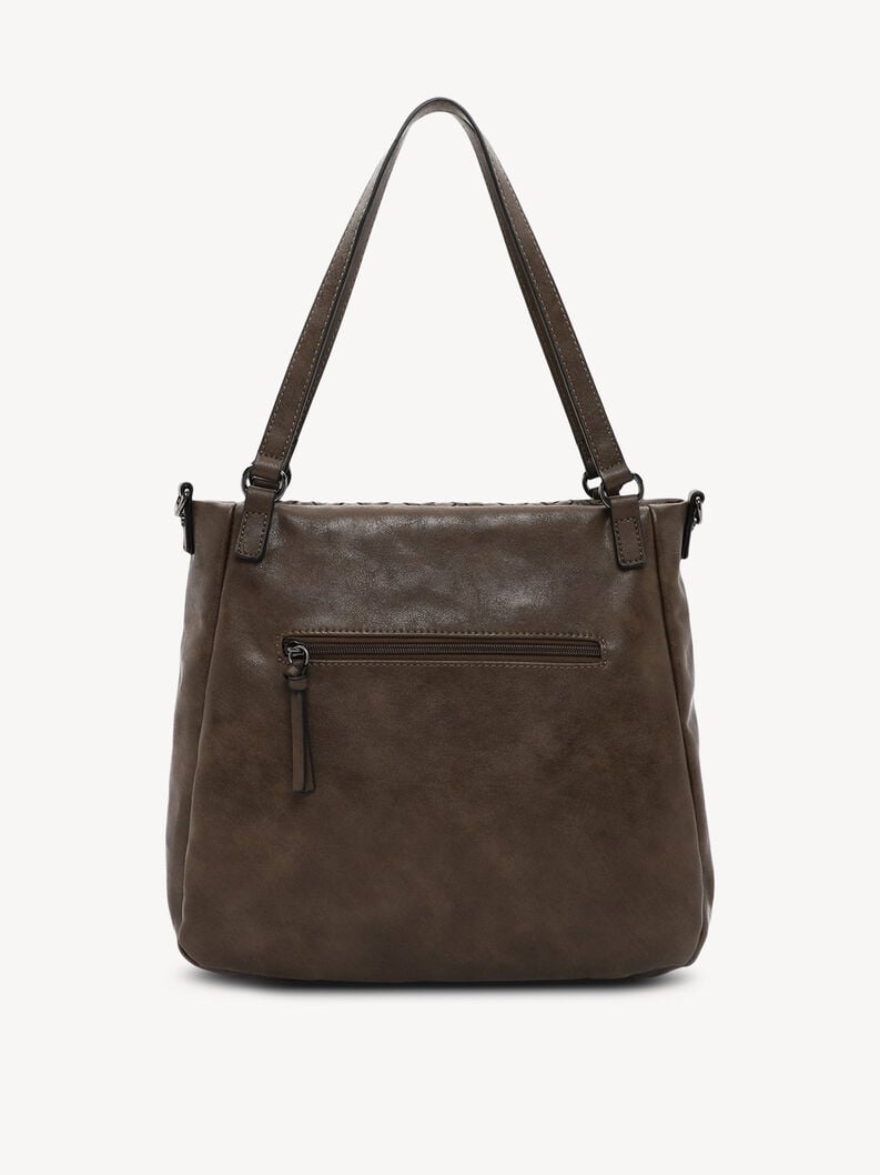 Zadn&iacute; strana tmavě hněd&eacute; propl&eacute;tan&eacute; kabelky z uměl&eacute; kůže s kapsou