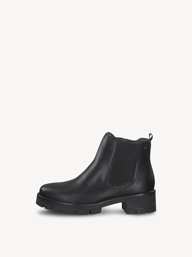 Black leather ankle boot with elastic side panel and rugged sole