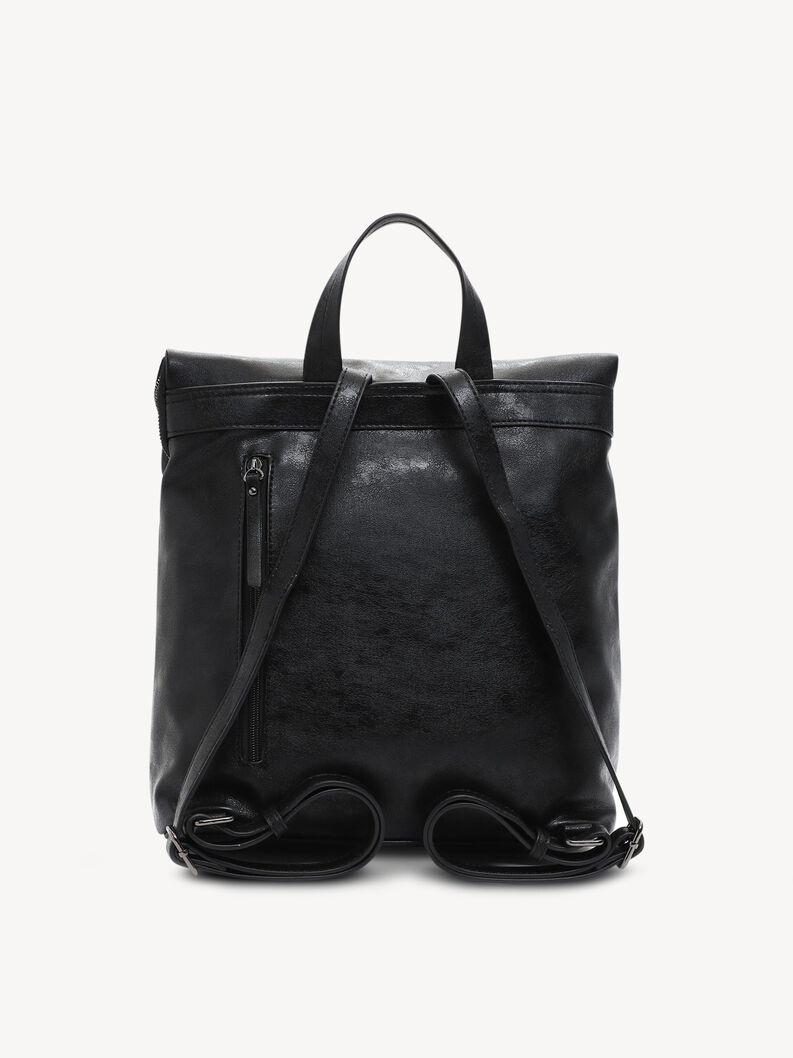 Zadn&iacute; č&aacute;st čern&eacute;ho kožen&eacute;ho batohu s nastaviteln&yacute;mi ramenn&iacute;mi popruhy