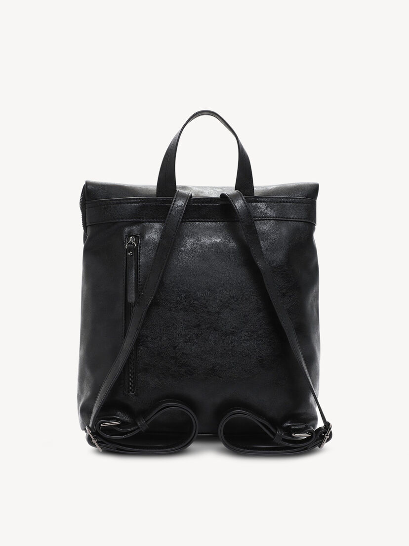 Achterkant van zwarte leren rugzak met verstelbare schouderbanden