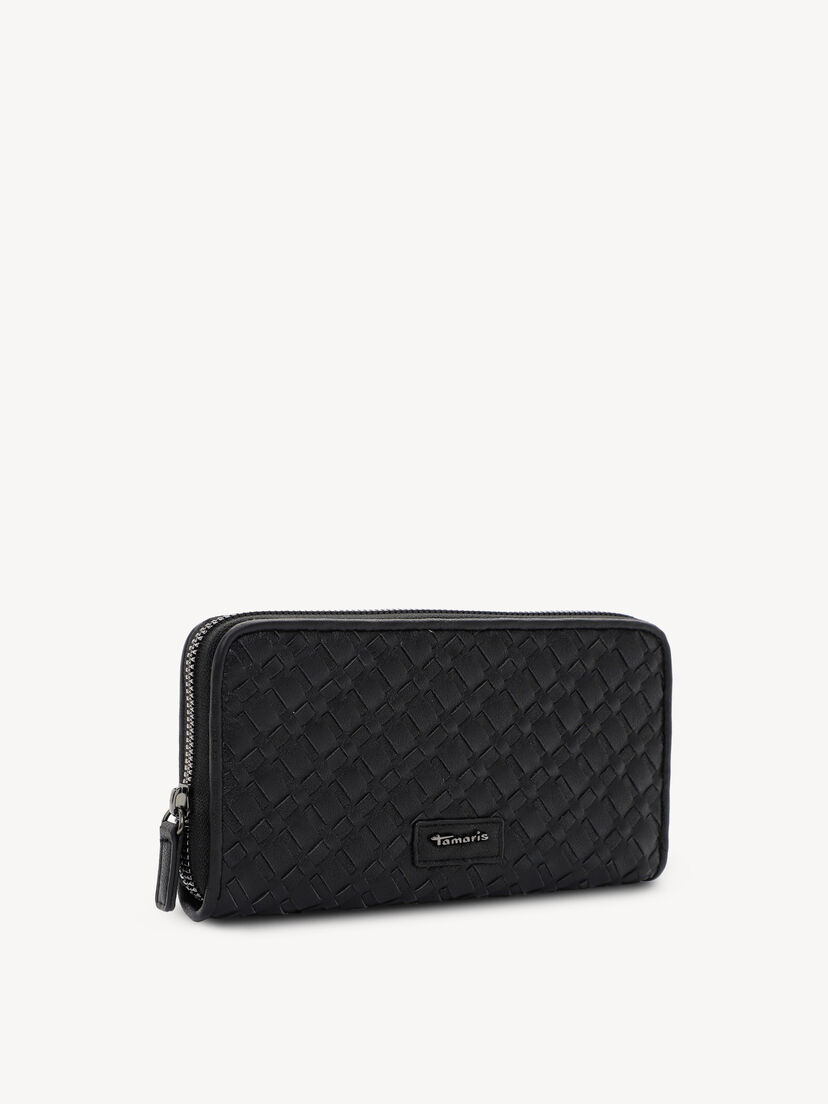Diagonale weergave van zwarte Tamaris portemonnee met geweven textuur