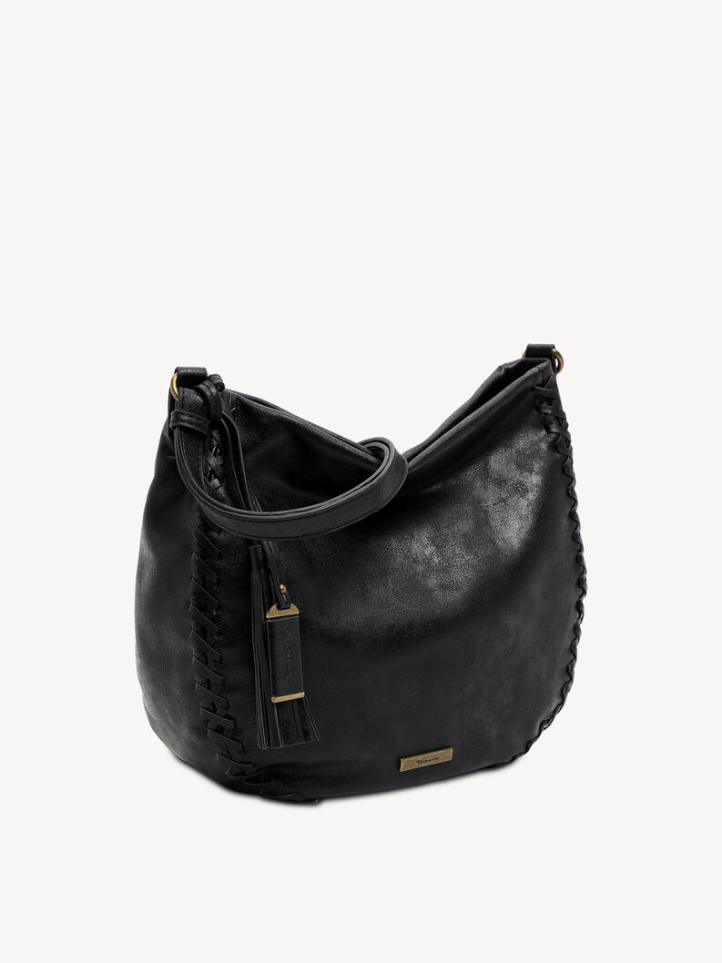 Black faux leather shoulder bag with adjustable strap and tassel