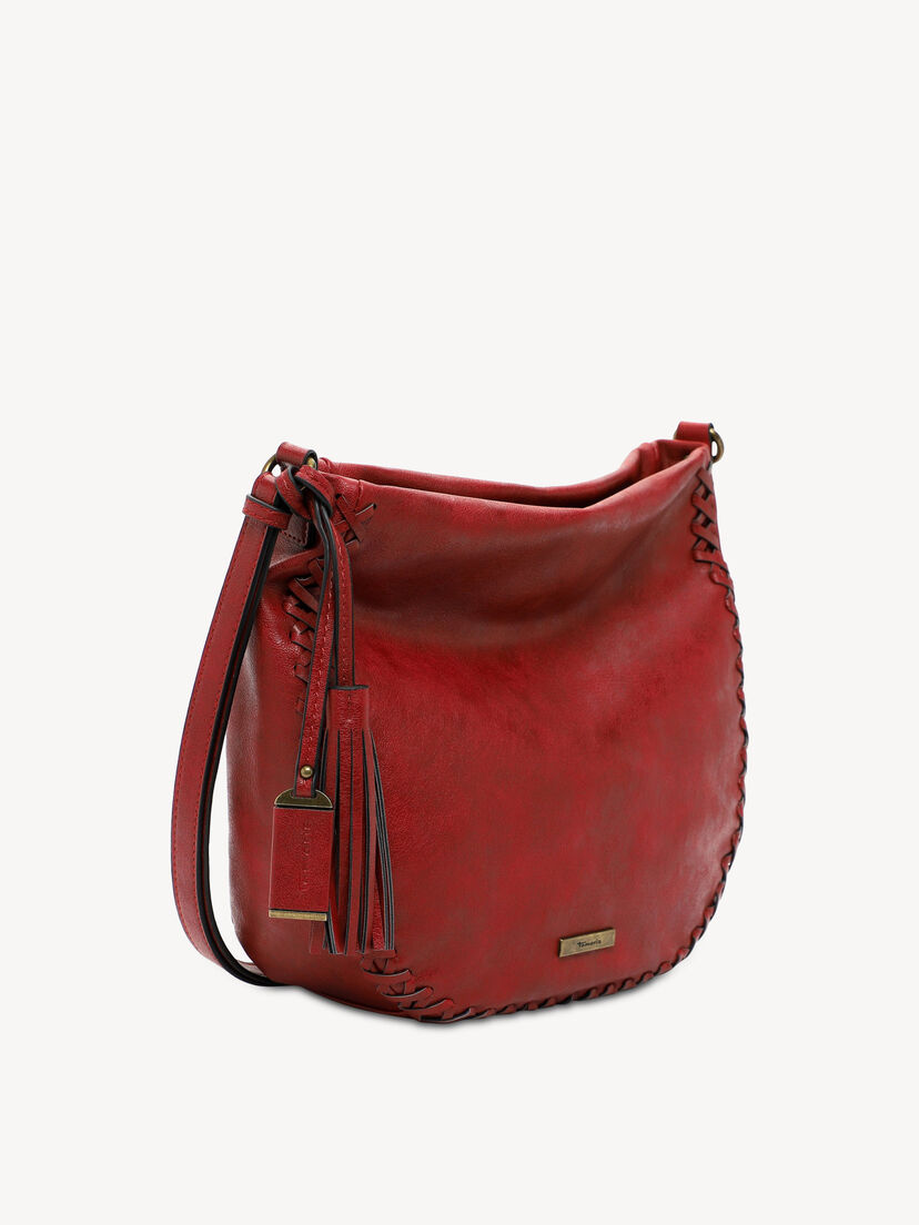 Zijaanzicht van rode leren schoudertas met gevlochten randen