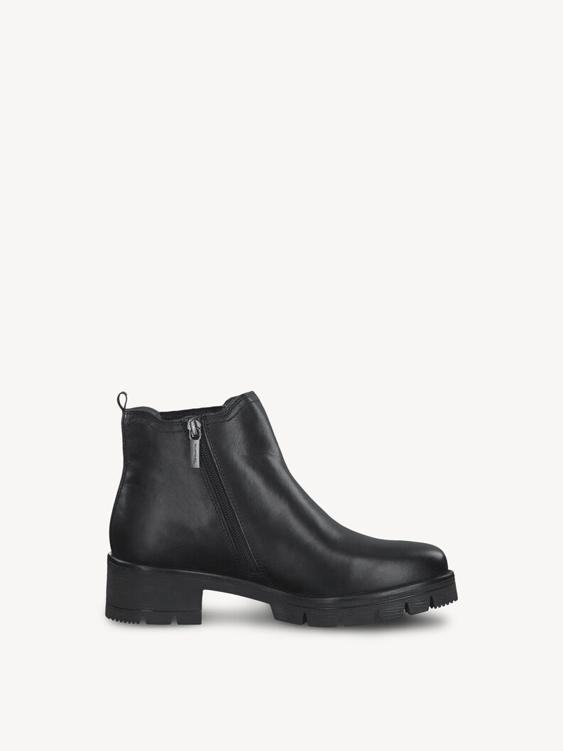 Black leather ankle boot with side zipper and sturdy rubber sole