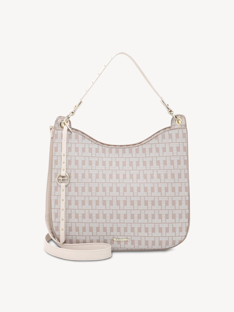 Elegante beige Handtasche mit Monogramm aus robustem Stoff und Leder