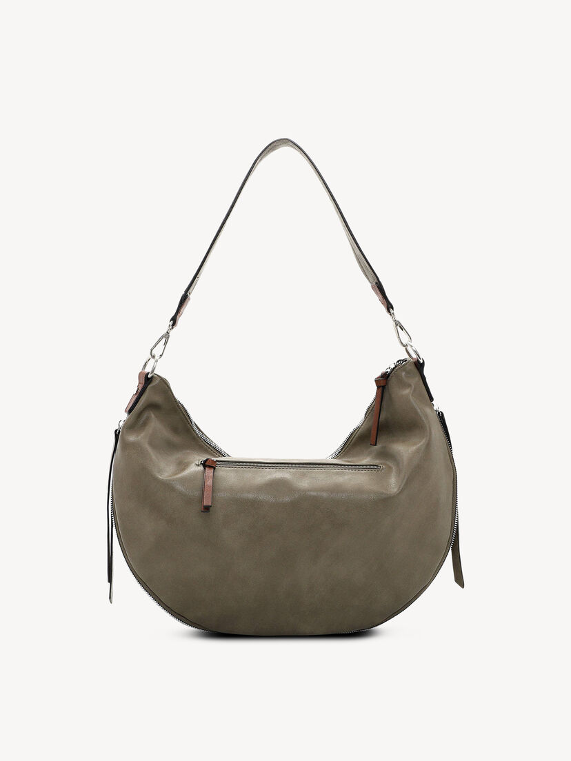 Achterkant van khaki tas met bruine accenten en ritssluiting