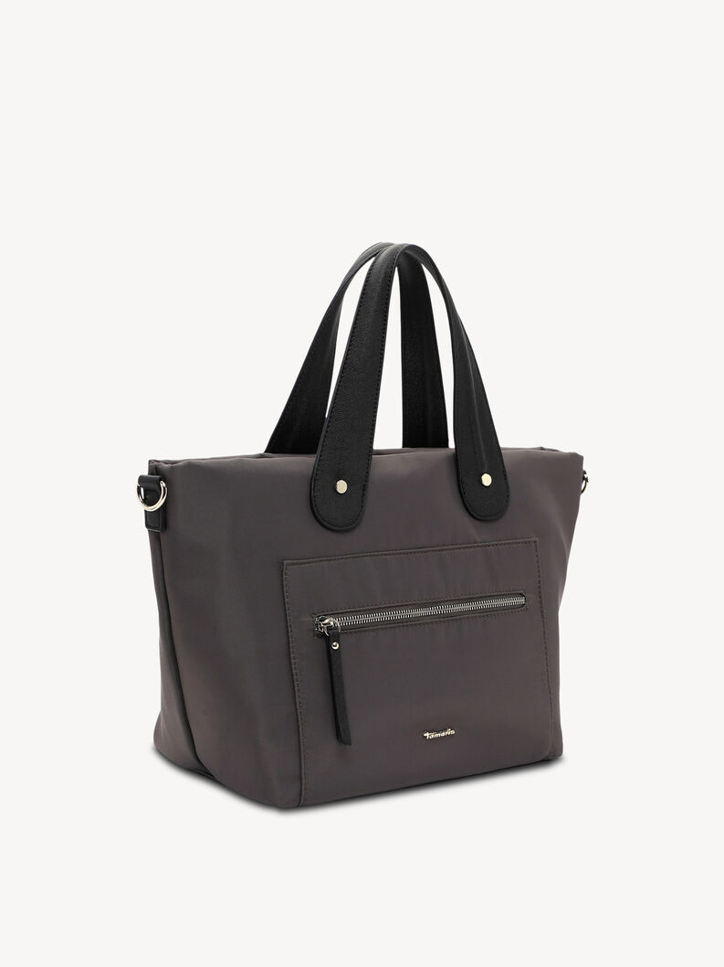 Grey nylon handbag with black leather handles and zip pocket