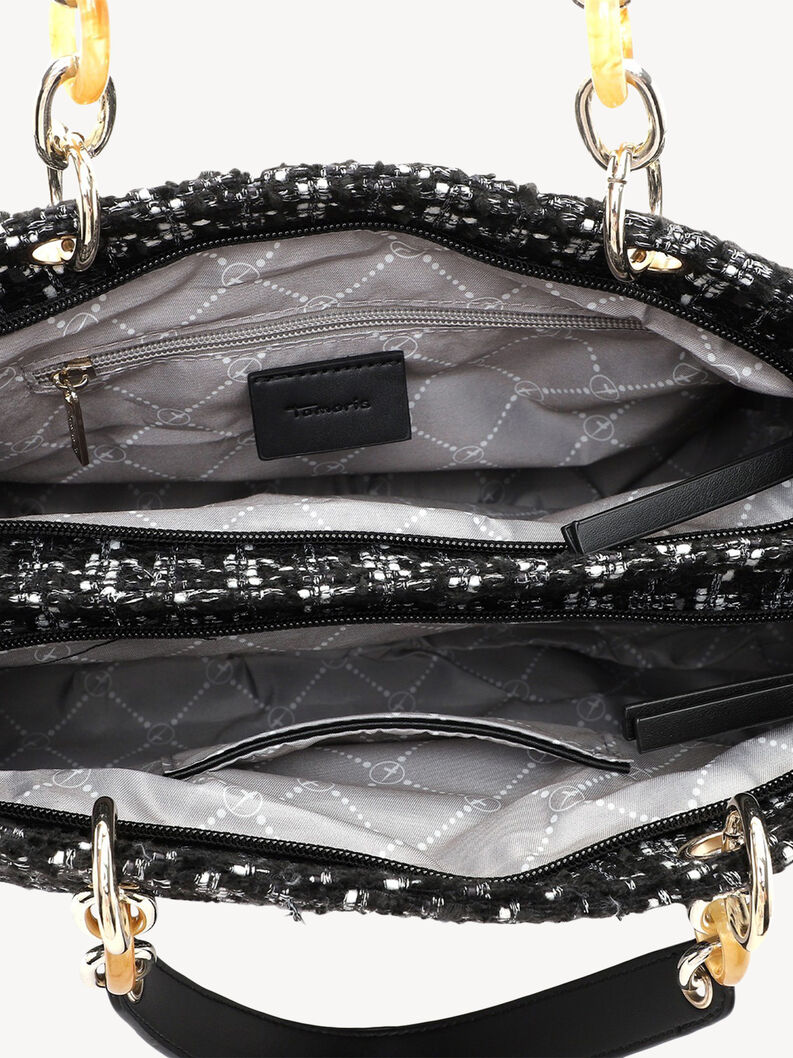 Detailansicht des Innenraums einer schwarzen gewebten Tasche mit Rei&szlig;verschlussfach