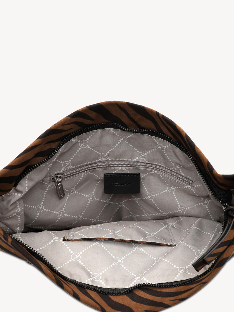 Innenansicht brauner Tasche mit Rei&szlig;verschlusstasche und gemustertem Futter