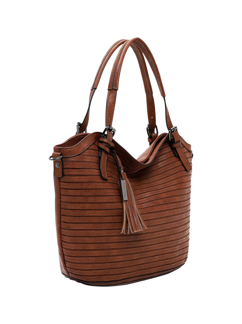 Braune Kunstledertasche mit zwei Henkeln und Rei&szlig;verschlussanh&auml;nger