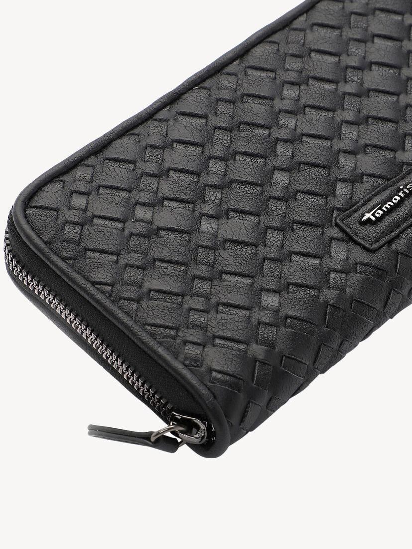 Detail van zwarte Tamaris portemonnee met rits en geweven kunstleer