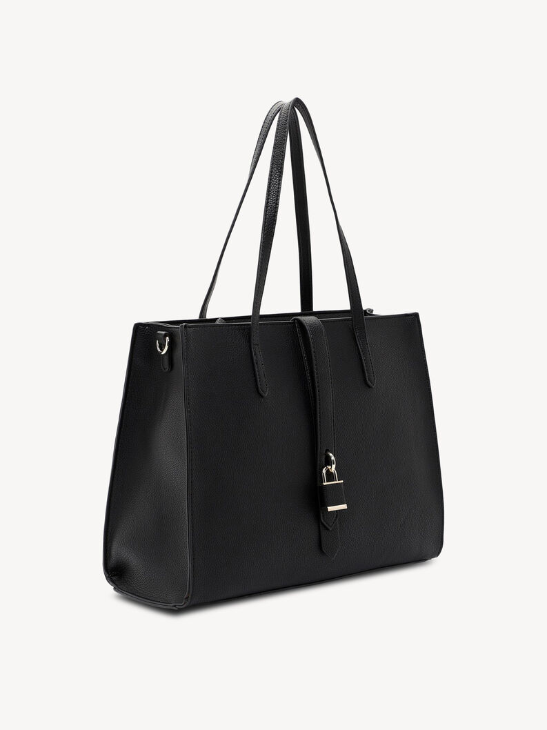 Czarna sk&oacute;rzana torebka z długimi uchwytami i zamkiem, widok z boku