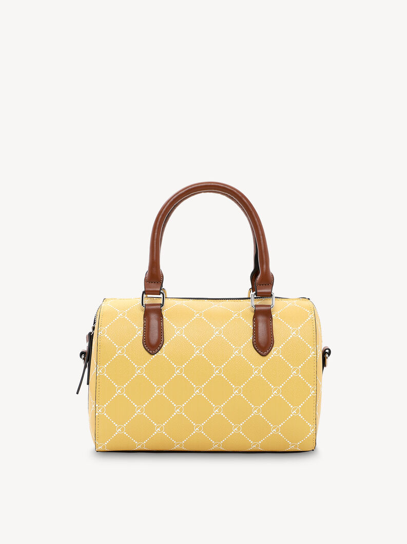 Tył ż&oacute;łtej torebki z białym wzorem i brązowymi sk&oacute;rzanymi uchwytami