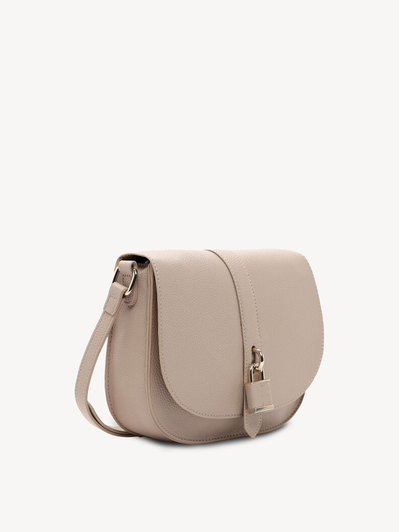 Seitenansicht der beigen Lederhandtasche mit Metallschnalle